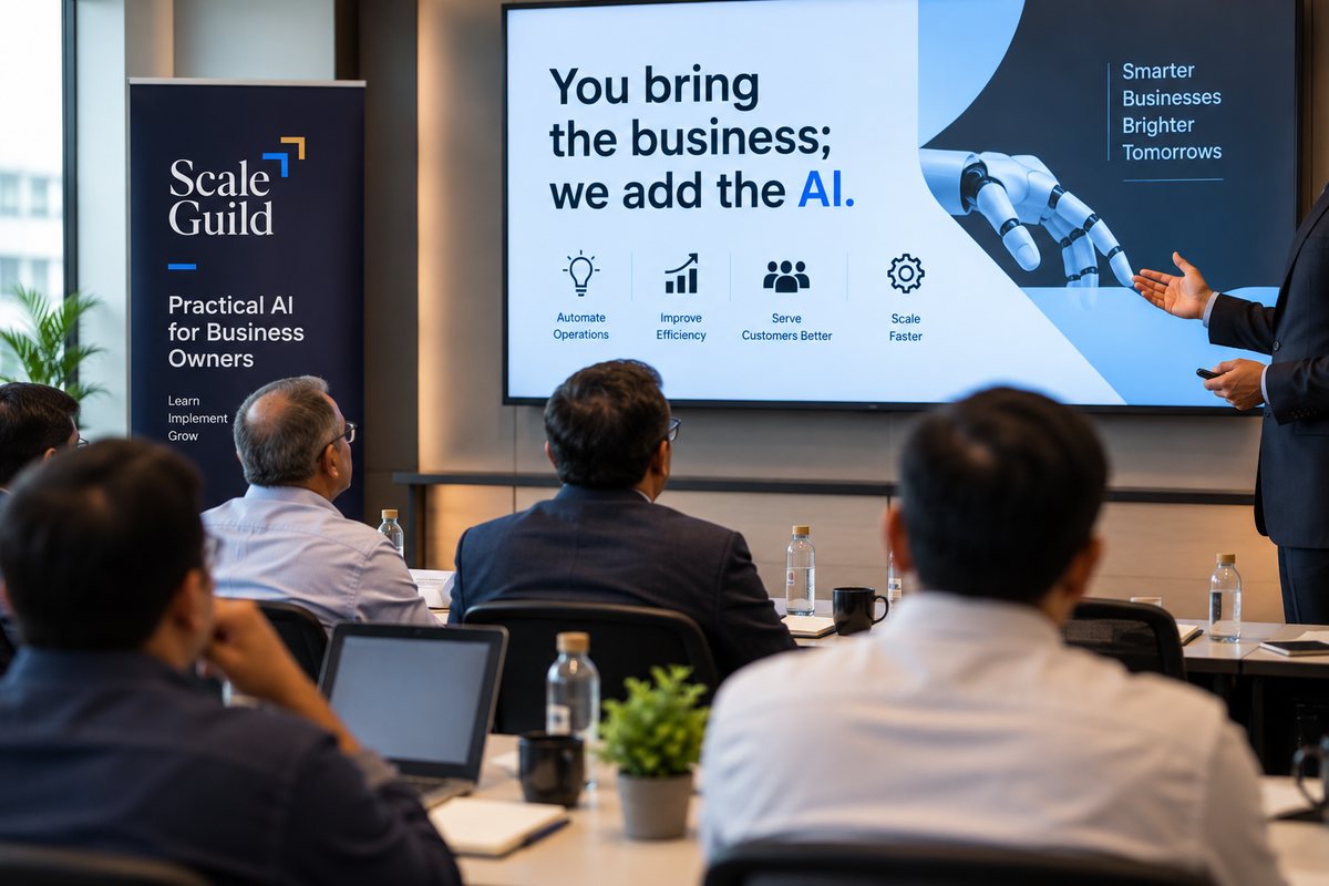 Business owners at an AMPLIFY working day, building AI systems on their own numbers.