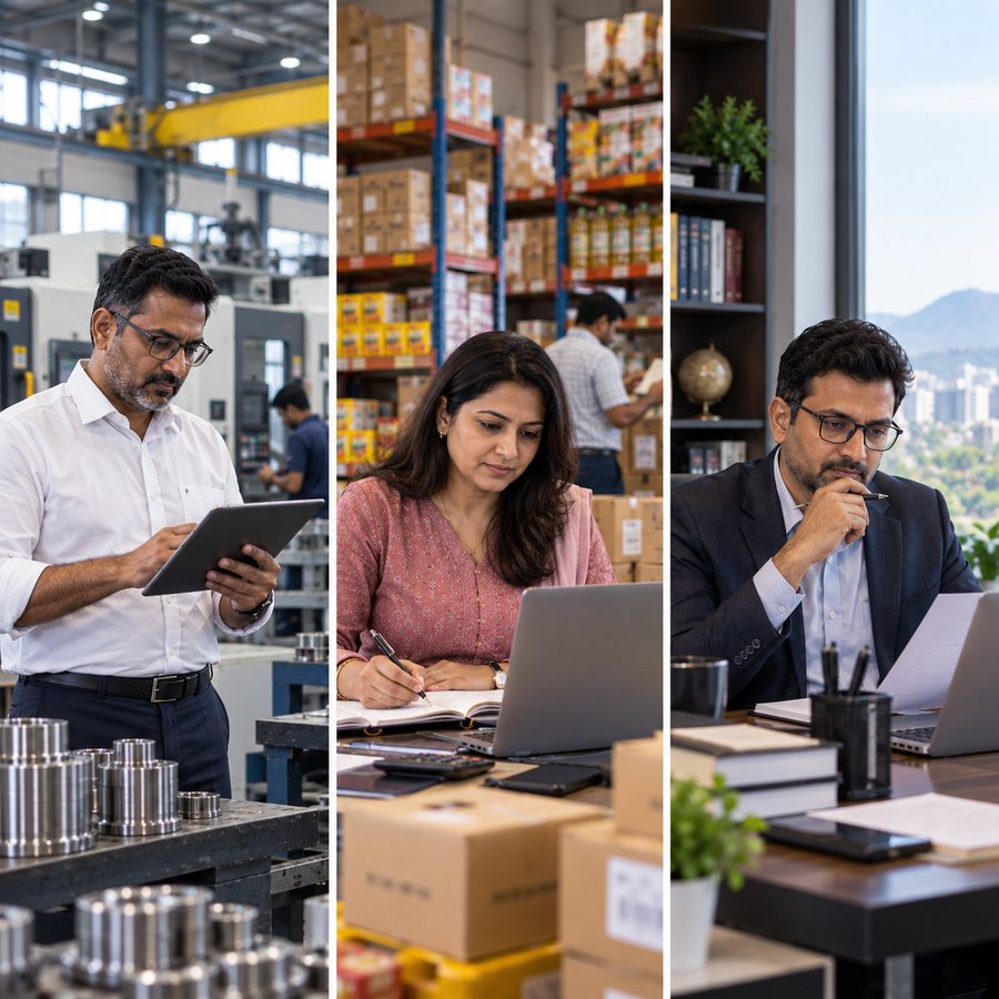 Owners at work: a manufacturer on the shop floor, a trader in the warehouse, a professional at the desk.